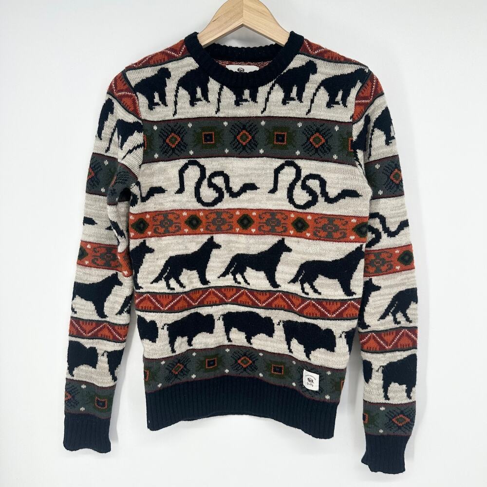 Bellfield Men's Animal Crewneck Sweater Wool Blend Fair Isle Nordic Pullover - Picture 2 of 11